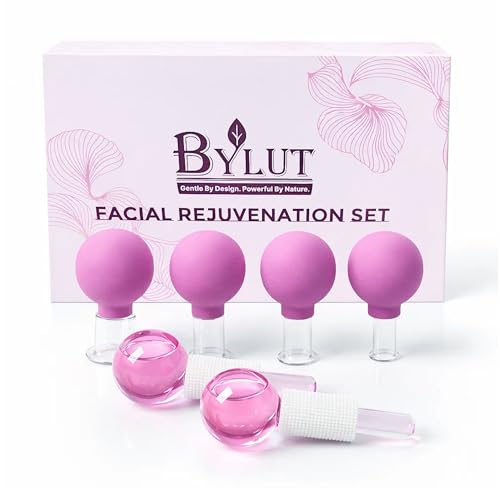 ByLut 3-in-1 Ice Globes & Glass Facial Cupping Set, 2 Ice Globes for Face + 4-Size Facial Cupping Set for Face Lifting & Body Suction Cups, Facial Ice Roller for Depuffing, Heat & Cold Therapy-Purple