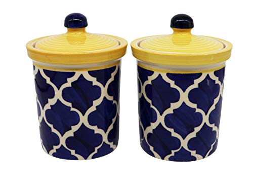 Image of HS HINDUSTANI SAUDAGAR Blue Umrao Ceramic Pickle Jar Set Of 2(750 ml Each) Multipurpose Container Salt Sugar Spices Ceramic Jar with Lid Chutney Jar Dining Table Ideal For kitchen storage Gifting