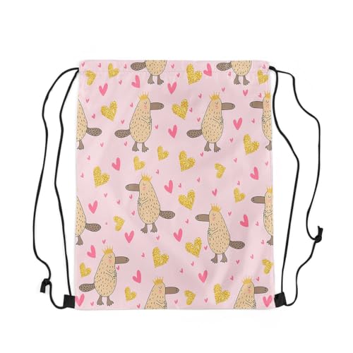 jejeloiu Platypus Drawstring Backpack 13x15.7inch Australian Animals Pink Gym String Bag Cute Heart Pattern Drawstring Bags Waterproof Cinch Bag（Glitter Print）2