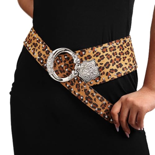 Ursumy Women Wide Elastic Belt Vintage Chunky Waist Belts for Jeans Dresses Rivet-Studded Thick Leopard Leather Belt