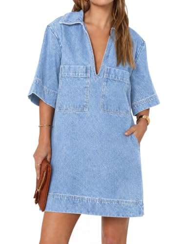 Image of Fisoew Womens Denim Shirt Dress Summer Collared V Neck Mini Casual Jean Dresses with Pockets