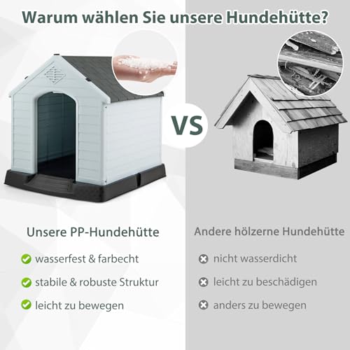 GOPLUS Hundehütte aus Kunststoff, Zwinger für Drinnen und Draußen, Hunde-Haus mit Belüftungsystem und Befestigungsvorrichtung, Stabil und Kratzfest, mit Erhöhtem Boden (S)