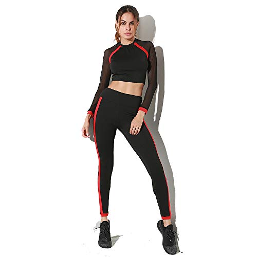 Tollmllom Women's Fitness Running Athletic Tracksuits Round Neck Mesh Stitching Black and Red Sports Suit Ladies Yoga Suit Set Stretch Fitness Suit Set (Size : S)