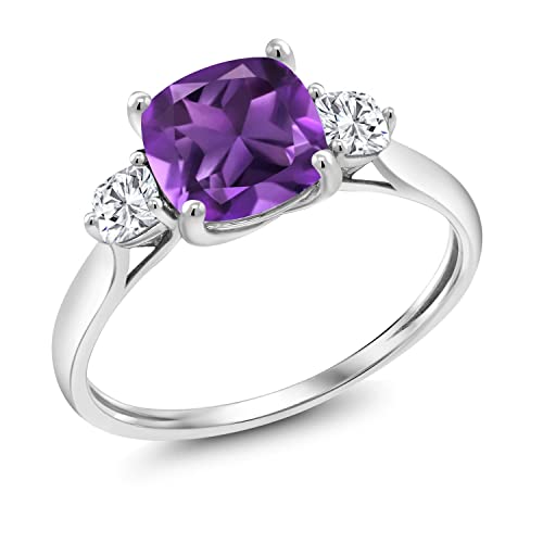 Gem Stone King 1.66 Cttw 10K White Gold Purple Amethyst and White Moissanite 3-Stone Engagement Ring | 3 Stone Wedding Anniversary Promise Ring For Women | Size 5,6,7,8,93