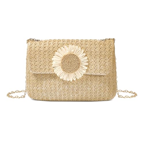 Women Straw Crossbody Bag Beach Handmade Rattan Shoulder Bags Flower Straw Clutch Purse for Summer Vacation