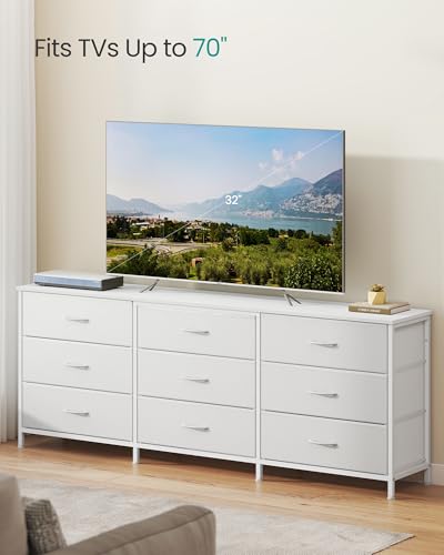 Image of SONGMICS Dresser with 9 Fabric Drawers, TV Stand for TVs Up to 70 Inches | Wide Dresser, Chest of Drawers for Bedroom and Living Room, Cloud White, BELLAH Collection ULGS233WH02S