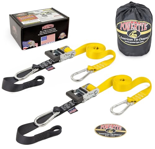 Image of Powertye 1.5in x 10ft Extra-Long Heavy Duty Ratchet Tie-Down Straps with Soft-Tye, Carabiner Hooks - 1,000 lb W.L.L. / 3,000 lb Break Strength - Made in USA - Yellow /Black Pair + Storage Bag