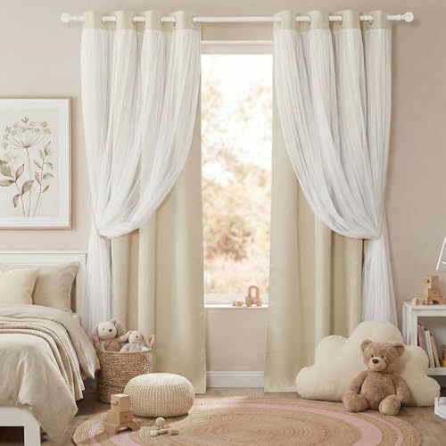 PONY DANCE Double-Layered Curtains with White Sheer Solid Blackout Curtains 84 Inch Length Elegant Grommet Panels for Living Room/Sliding Glass Door (W52xL84, Beige, One Pair, with Tie-Backs)