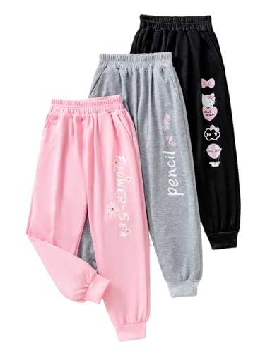 Girls 3 Pack Sweatpants Athletic High Waisted Joggers Pants Black Grey Pink 6-12Y