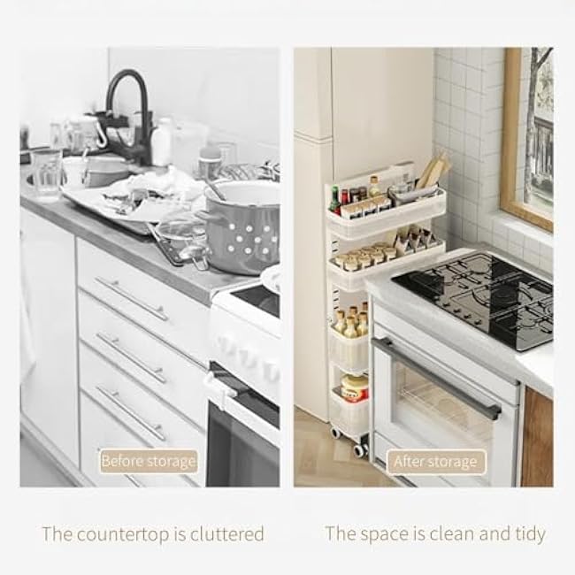 ?Narrow Storage Cart Kitchen Storage Rack Slim Shelf with Wheels Removable Organizer for Kitchen Living Room Space Saver(4 Tier)-A33VhMuI