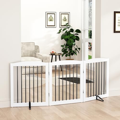 PUPETPO Freestanding Wooden Pet Gate for House Foldable Indoor Dog Gate for Doorways Stairs - 24 Height 3 Panels White