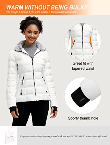 Slow Down Women Midweight Down Puffer Jacket, Warm Hooded Winter Down Jacket For Women With Faux-Fur Hood & Collar (White, L) #TOP5