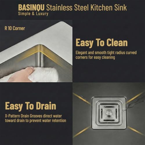 Image of BASINQU Kitchen Sink 30x18x10 Inch Handmade Single Bowl Sink for Kitchen Basin 304 Grade Stainless Steel Brushed Matte Finish Including Coupling Fruit Tray Hose Pipe Kitchen Sinks