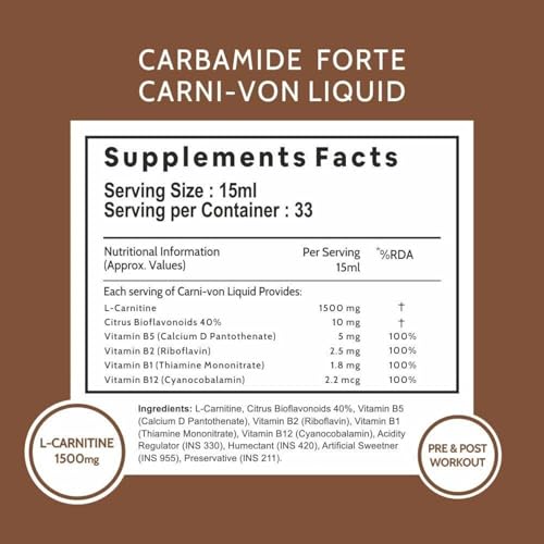 Image of Carbamide Forte L Carnitine Liquid 1500mg | L-Carnitine Liquid With Vitamins | L'Carnitine Supplement For Pre & Post Workout To Support Energy, Recovery & Metobolism | Citrus burst Flavor - 500ml