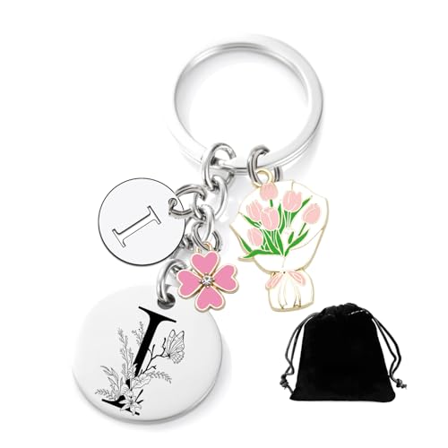 MNBVBV Porte-clés lettre initiale pendentif, cadeau amis soeurs, argent A-Z 26 lettre initiale pendentif - cadeau femme homme anniversaire (I)