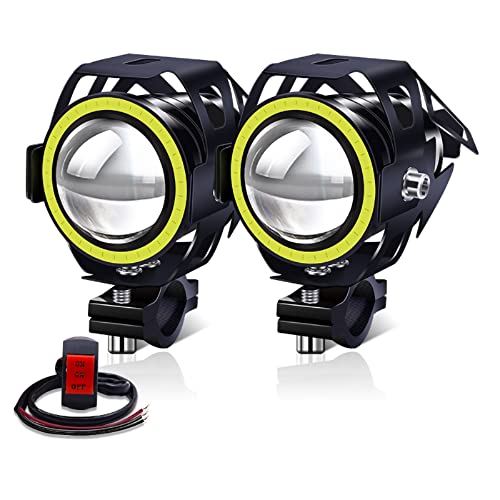YnGia Motorcycle Front Spotlights Led Foglights with White Halo, 2PCS Motorcycle Daytime Running Lights with 3 Wires Switch ON/ON/OFF, U7 Waterproof Motorbike Motorcycle Auxiliary foglights 12V 24V