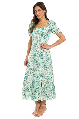 Image of London Times Womens Square Neck Smocked Back Linen Blend Flattering Versatile Spring Summer Garden Party
