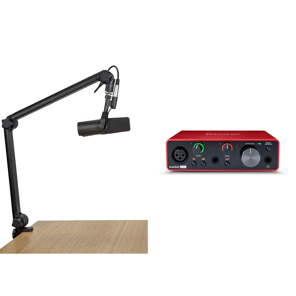 Gator Frameworks Deluxe Desk-Mounted Broadcast Microphone Boom Stand & Recording; Integrated XLR Cable (GFWBCBM3000) & Focusrite Scarlett Solo (3rd Gen) USB Audio Interface with Pro Tools | First