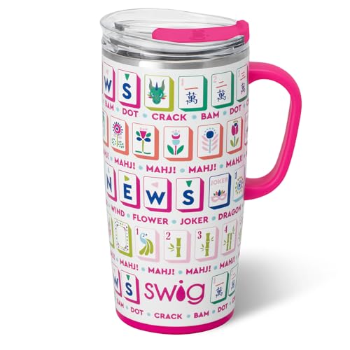 Swig Life Taza de viaje de 22 onzas, vaso aislado con asa y tapa, taza de café de viaje, apta para portavasos, vaso de acero inoxidable de 22 onzas, reutilizable, aislado con tapa (Mahjong)