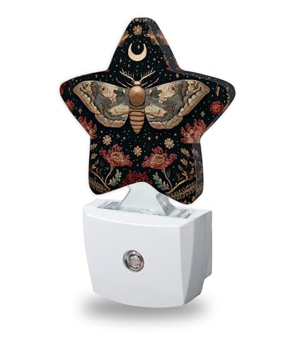 Image of Black Poppy Moth Nightlights Plug in Wall,Mushroom Moon Decorative Star Lamp with Automatic Lighting for Living Space,Gentle Glow for Kids Room,Hallway,Bathroom