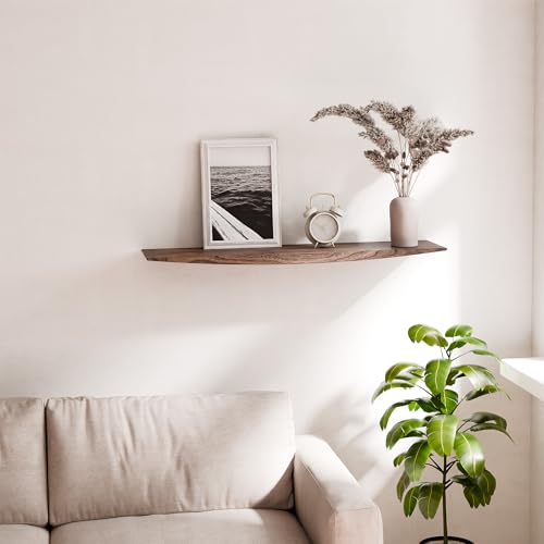 Image of 24'' Black Walnut Floating Shelves - 6 Inch Deep Solid Wood Floating Shelf for Wall, Rustic Zen TV Shelf Wall Mounted, Live Edge Shelf with Invisible Brackets for Living Room, Bedroom, Kitchen.
