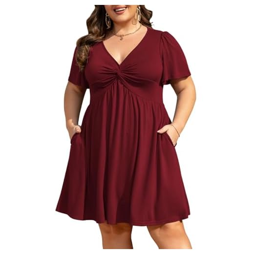 Manllenshie Womens Plus Size Summer Dress Casual Short Sleeves Deep V Neck Twist Knot Front Flowy Dress with Pocket (Wine Red,2XL)