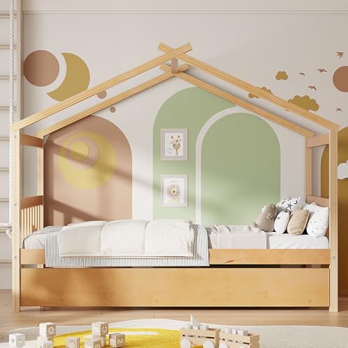 Image of Twin Size Creativity House Bed with Roof Frame and Twin Size Trundle, Montessori Wooden Platform Bed with Sturdy Slats Support for Kids Teens Girls Boys, No Box Spring Needed (Natural-02, Twin)