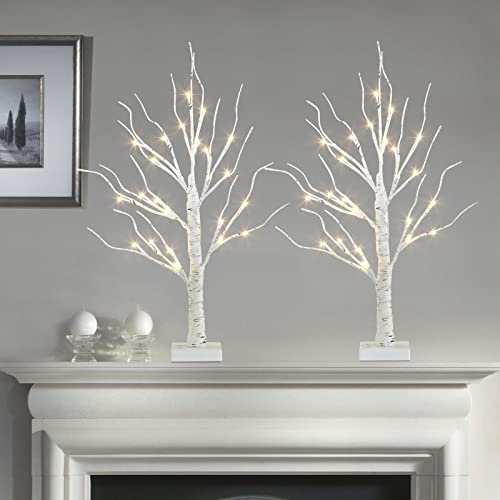 Vanthylit Tabletop Christmas Tree, White Birch Tree With Led Lights- Set Of 2, Warm White Small Tree Lights Battery Powered Timer, Lighted Tree For Mantle Christmas Decor (2Ft, 24Led) #TOP3