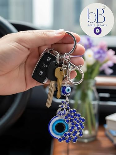 BLUE BEADS Peacock Shape Pendant Blue Evil Eye Keychain Crystal alloy peacock Keyring for Men and Women (Pack of 1)