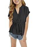 Girls Button Down Short Sleeve T Shirts Stand Collar V Neck Cute Peplum Summer Tops Tie Waist Tee Bl