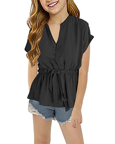 Girls Button Down Short Sleeve T Shirts Stand Collar V Neck Cute Peplum Summer Tops Tie Waist Tee Blouses 4-13 Years Black #TOP13