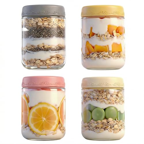 GLATABAM 16 OZ 4Pack, Overnight Oats Jars with Lids, Glass Meal Prep Containers, Airtight Mason Jars...