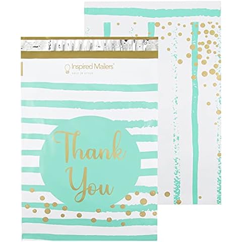 Inspired Mailers - Poly Mailers 10x13-100 Pack - Thank You Poly Mailers Confetti and Stripes (Aqua/Gold) - Mailing Bags - 10x13 Mailers Poly Bags - Packing Envelopes Cover