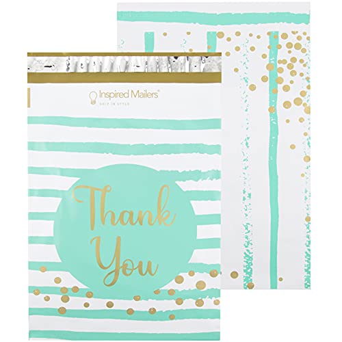 Inspired Mailers - Poly Mailers 10x13-100 Pack - Thank You Poly Mailers Confetti and Stripes (Aqua/Gold) - Mailing Bags - 10x13 Mailers Poly Bags - Packing Envelopes