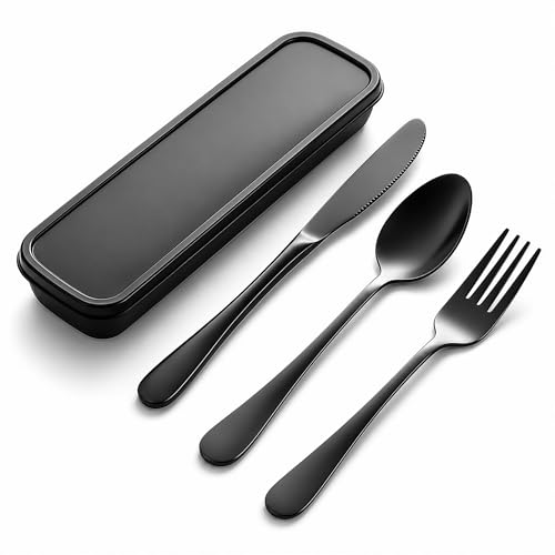 Set de Couverts en Inox 3 Pièces Couverts Lunch Box de Camping,Boite Couvert a Emporter Couteau Fourche Cuillère avec Boîte de Rangement Noir pour Camping...