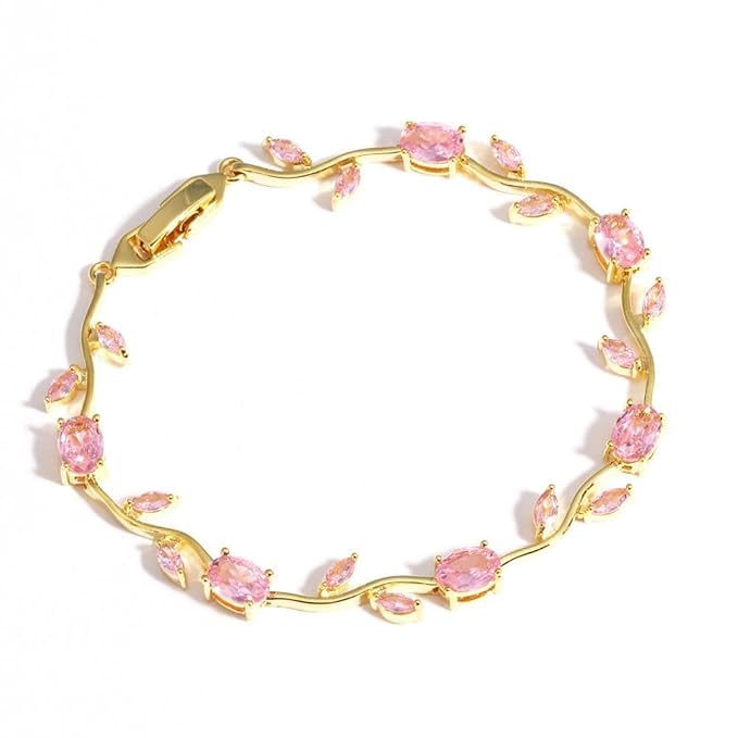 Image of INTESHA Anti Tarnish 18K Gold Plated Floral Tulip Bracelet for Women & Girls | Elegant Daily Wear Jewelry | Gift for Her | Pink Tulip Bracelet