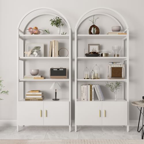 Image of Jehiatek Arched Bookshelf, Bookcase with Doors Storage, 71 Inches Tall Industrial Book Shelf with Sturdy Metal Frame, E1 Quality Boards, Freestanding Display Shelving Unit, White