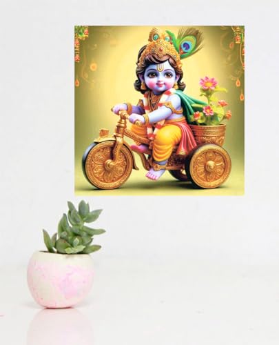 Image of Techgifti Blue Baby Krishna Cycle Wall Poster for Pooja Room, Office, Kids Room (Size- 46CM X 46CM)