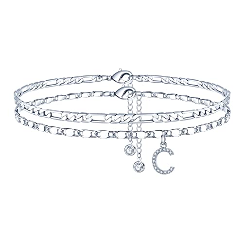 Image of Ursteel Ankle Bracelets for Women, 14K-Gold-Plated Dainty Layered Chain CZ Initial Anklets Set Summer Jewelry Gifts for Women
