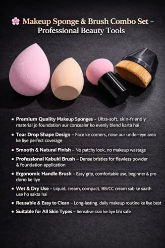 Image of 4 in 1 Makeup Sponge & Brush Set - Beauty Blender Sponge, Flat Base Sponge, Mushroom Head Makeup Sponge Brush & Kabuki Foundation Brush - Soft Reusable Makeup Blender for Liquid, Cream & Powder
