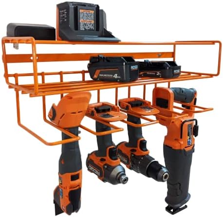 c2M Heavy Duty Floating Tool Shelf & Organizer | Wall Mounted Garage Storage Rack for Handheld & Power Tools | USA Made, 100# Weight Limit, Compact Steel Design | Perfect for Rigid Tools | Orange