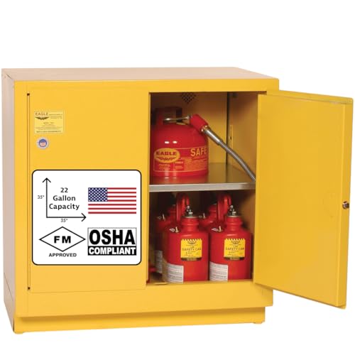 Eagle 22 Gallon Steel Flammable Liquid Storage Cabinet, Under Counter, 1 Shelf, 2 Self-Closing Doors, Made in the USA, Yellow, 1970X