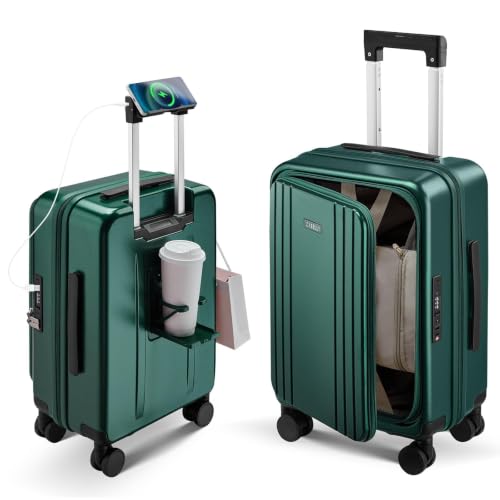 CASELLY Carry On Luggage Top Opening with Cup Holder & Phone Holder, Expandable PC Hard Shell Suitcase with USB Charging Port, Side Hook, 360° Spinner Wheels, TSA Lock & YKK Zippers