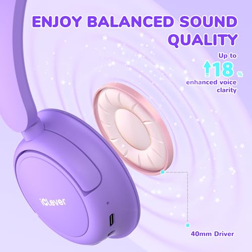 Image of iClever BTH22 Kids Bluetooth Headphones, 60H Play Time, USB C Fast Charging, Bluetooth 5.4, AUX Cord,Safe Volume 74 /85 dBA,Toddler Headphones for iPad /Tablet /Travel /School, Purple