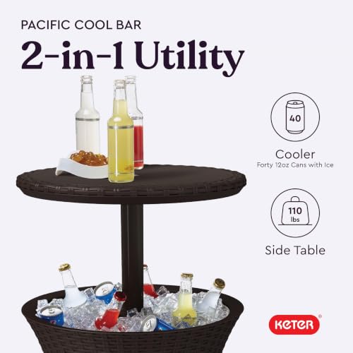 Image of Keter Pacific Cool Bar Outdoor Patio Furniture and Hot Tub Side Table with 7.5 Gallon Beer and Wine Cooler, Espresso Brown