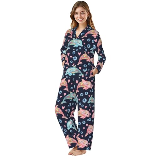Image of Women'S Long Sleeve Pajama Set Soft Loungewear Button-Down Top & Elastic Waist Pants S- 2XL