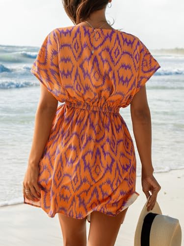 Image of CUPSHE Women's Swimsuit Coverup Casual V Neck Beach Dress Short Sleeve Elastic Waist Swimwear Cover Ups 2026 Beachwear