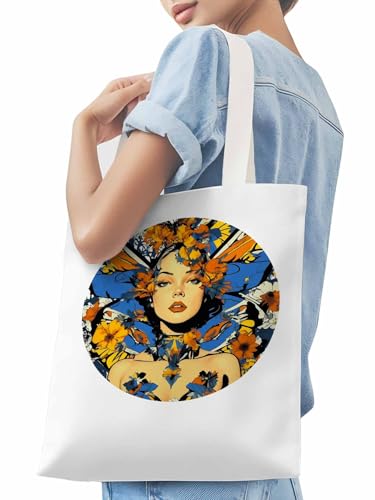 Canvas Tote Bags,Grocery Shopping Cloth Bag Girl Floral Art Reusable Shoulder Bags Tote Bag for Travel Work Gym3
