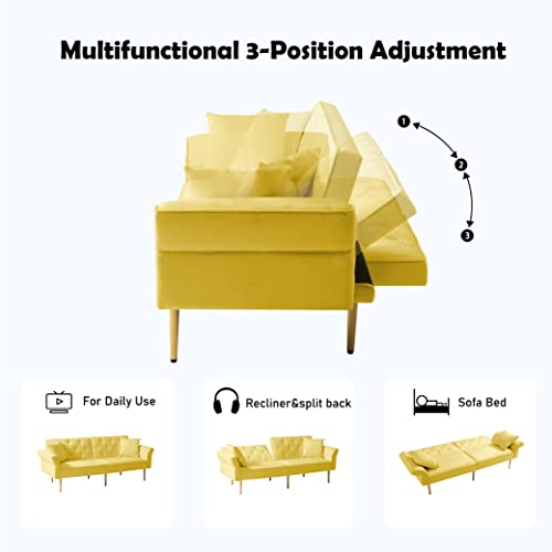 Lepfun Velvet Futon Sofa Bed, Memory Foam Couch Set, Upholstered Modern Daybed Convertible Folding Loveseat Recliner With Pillows And Wooden Frame For Compact Living Room,Apartment,Dorm,Office(Yellow) #TOP4