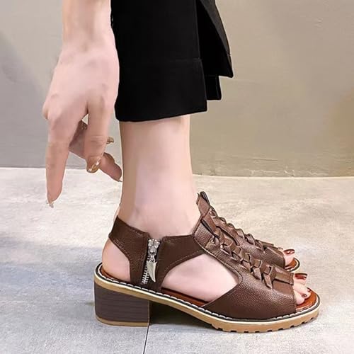 Funfany Peep Toe Cutout Zipper Chunky Heeled Sandals, Womens Comfy Orthotic Sandals, Thick Sole Wedge4
